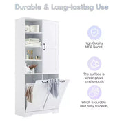 Gabinete de almacenamiento para baño con puertas y cajones, cesto para ropa abatible, espacio de almacenamiento múltiple, estilo independiente