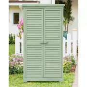 Cobertizo de almacenamiento exterior resistente a la intemperie de 63 pulgadas, con estantes extraíbles, cerraduras, puertas dobles con persianas, cobertizo alto de madera para herramientas de jardín con piso para patio, jardín