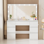 TRIUMPHKEY Tocador con espejo grande y regleta, 12 bombillas LED ajustables, mesa de maquillaje con 7 cajones, almacenamiento de joyas, cómoda grande moderna de 120x40x140 cm, blanco