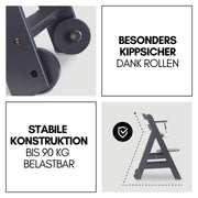 Hauck Beta+ Trona con set para recién nacidos y hamaca premium - Gris oscuro | Trona de madera evolutiva con ruedas desde el nacimiento hasta los 90 kg | incluye adaptador para recién nacidos, bandeja para comer y cojín de asiento