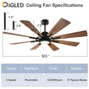 Ventilador de techo con luz, control remoto y 8 aspas grandes de madera