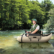 Bote de pesca inflable portátil GYMAX, con remo, regla para peces, soporte para caña, aletas, bomba, bolsillos de almacenamiento, transporte práctico con correas para los hombros