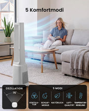 Ventilador sin aspas Pro Breeze OmniAir de 105 cm con purificador de aire: ventilador inteligente para el hogar, Wi-Fi, aplicación, filtro HEPA 13, 10 velocidades: ventilador de torre muy silencioso, 5 modos, oscilación automática de 75°