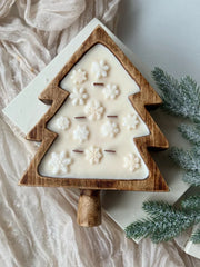 Cuenco de madera en forma de árbol de Navidad con copos de nieve o flor de Pascua, vela de soja, 100% cera de soja natural, mechas de madera, 26 cm x 19 cm