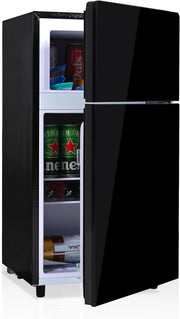 Refrigerador con congelador Merax, combinación frigorífico-congelador, frigorífico pequeño con 51L y congelador de 21L, silencioso, LED, estantes de vidrio, cajón para verduras, estantes en la puerta, para cocina, sala de estar, oficina, negro