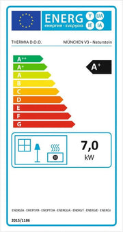 Estufa de leña THERMIA München, piedra natural, 7 kW, combustión continua, automática gris