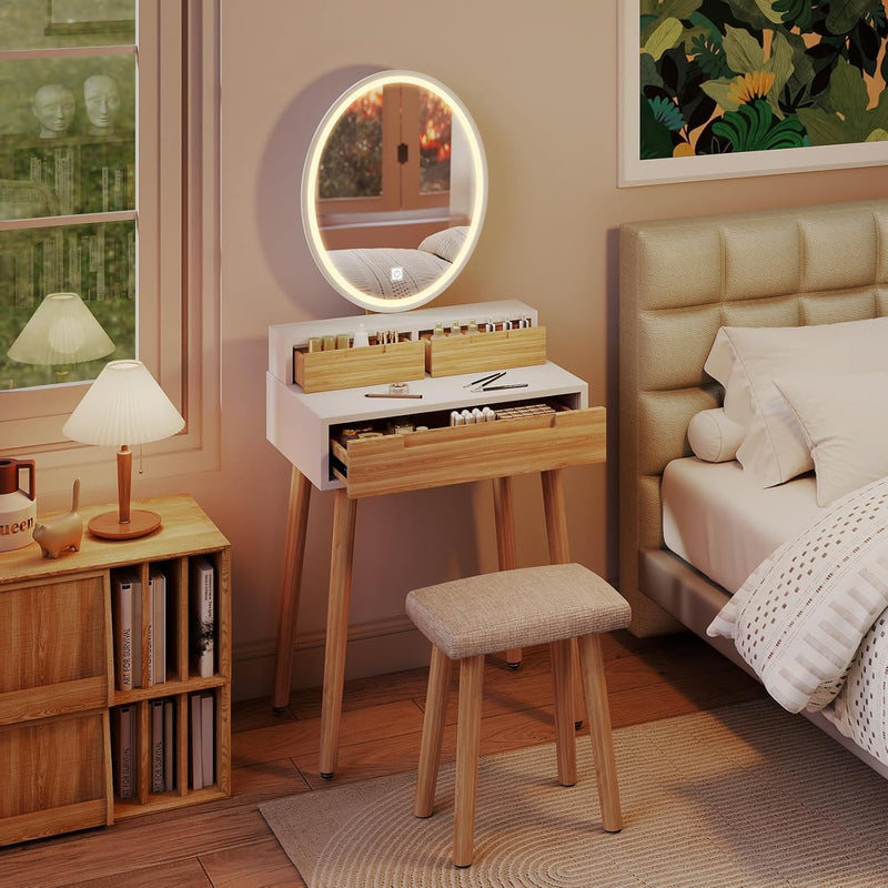 YU YUSING Tocador con iluminación LED y espejo, mesa de maquillaje con 3 cajones y taburete, brillo ajustable, tocador de 60 cm para espacios pequeños, dormitorio, color madera