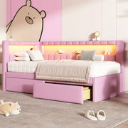 Cama con plataforma tapizada con puertos USB e iluminación LED - Base de cama matrimonial/individual con 2 cajones de almacenamiento - Dormitorio moderno