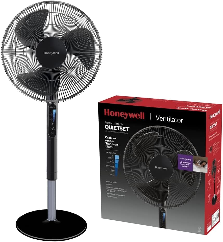 Ventilador de pedestal oscilante Honeywell Advanced QuietSet (5 ajustes de velocidad, función de temporizador, oscilación de 70°, altura ajustable, control remoto, fácil de usar) HSF600B