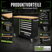 TRUTZHOLM Carro de herramientas vacío Deluxe, carro de taller con 6 cajones y compartimento con puerta, armario de herramientas con cerradura y ruedas con encimera de madera maciza, banco de trabajo móvil 108 x 46,5 x 77 cm, verde/negro
