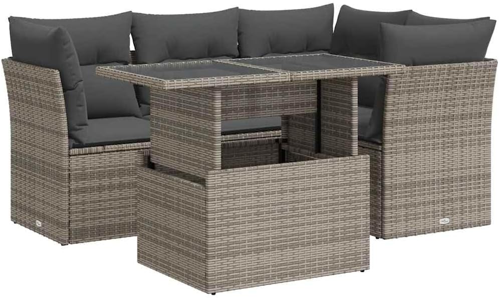 vidaXL Juego de sofá de jardín de 5 piezas con cojines, ratán sintético gris, conjunto de sofá para exterior, conjunto de salón de jardín