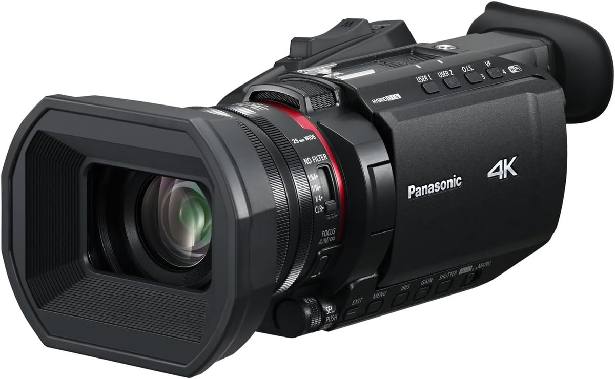 Videocámara profesional Panasonic HC-X1600E 4K 60p con objetivo gran angular de 25 mm, zoom óptico de 24x, estabilizador óptico de imagen híbrido de 5 ejes, Wi-Fi, USB PD, negro