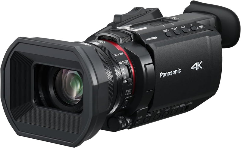 Videocámara profesional Panasonic HC-X1600E 4K 60p con objetivo gran angular de 25 mm, zoom óptico de 24x, estabilizador óptico de imagen híbrido de 5 ejes, Wi-Fi, USB PD, negro