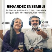 Avantree Duet - Auriculares inalámbricos dobles para televisión, sonido claro y volumen amplificado para personas mayores, instalación Plug & Play sencilla, con transmisor RF de 2,4 GHz y estación de carga