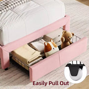 Paquete de 2 bases de cama individual con cajones de almacenamiento y cabecera, tapizadas en terciopelo, perfil bajo, sin ruido, fácil montaje, rosa