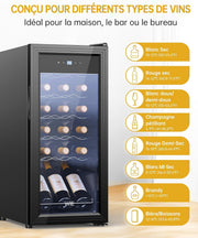 WIE Vinoteca 18 Botellas 53L Refrigerador de Vino 5°C-18°C Enfriamiento por Compresor Puerta de Cristal Panel Táctil LED Interior Nevera de Vino Bar Interior/Exterior