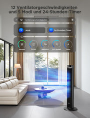Ventilador silencioso GoveeLife, 12 velocidades de hasta 8 m/s, 5 modos, temporizador de 24 horas, ventilador de torre inteligente con oscilación de 150°, control por voz y aplicación para el hogar, negro