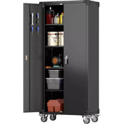 Gabinete de almacenamiento para garaje con ruedas y tablero perforado, armario de metal con cerradura de 72" de altura, 2 puertas y 4 estantes ajustables para taller de garaje