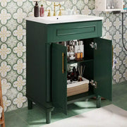 Tocador de baño de 24 pulgadas con lavabo de cerámica, gabinete estilo Shaker, 2 puertas de cierre suave y marco de madera maciza para baño pequeño o tocador