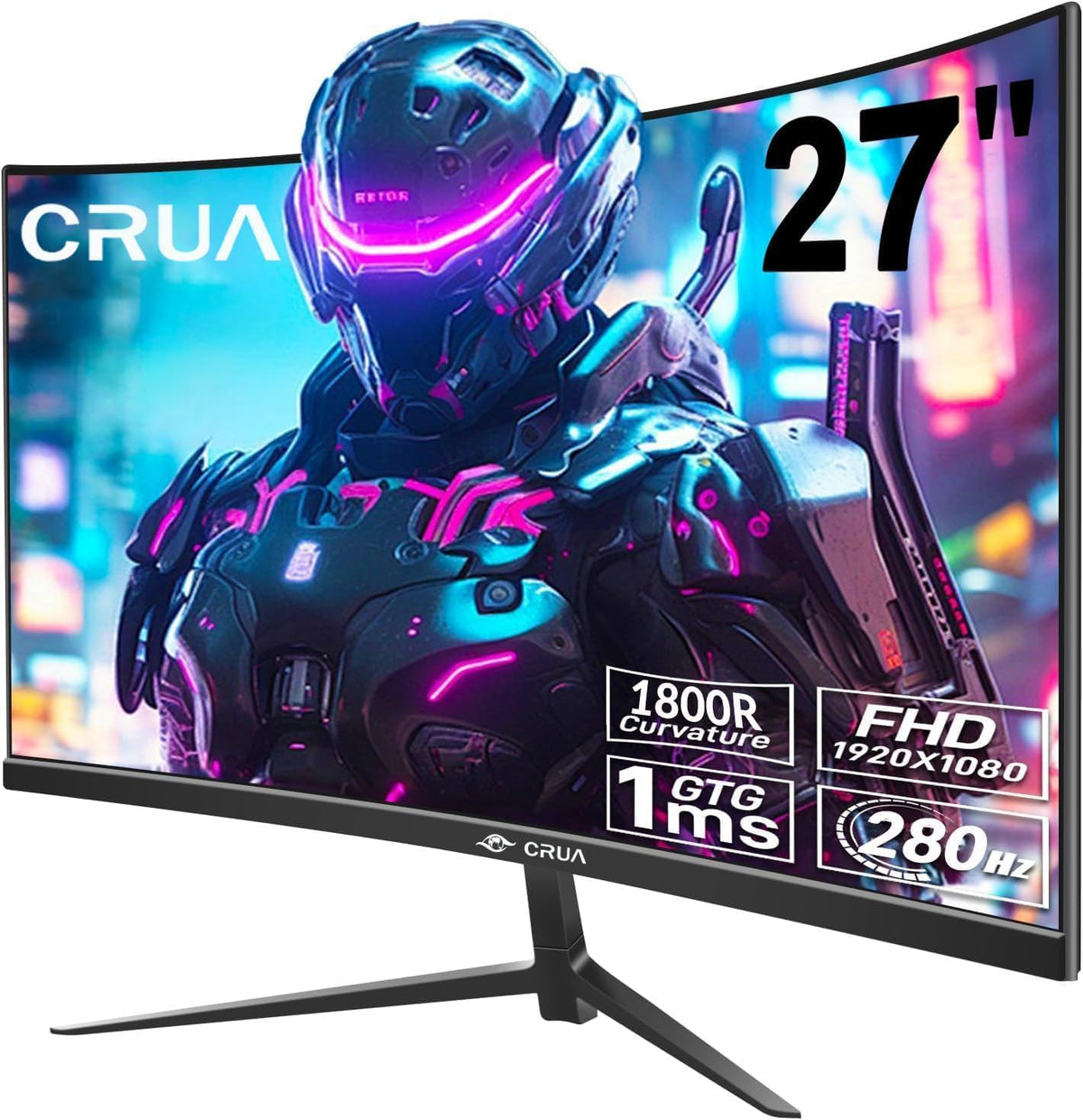 Monitor gaming curvo CRUA de 27 pulgadas, 280 Hz, monitor para PC FHD 1080P 1800R, 1 ms GTG con FreeSync, baja desenfoque de movimiento, protección ocular, VESA, DisplayPort, HDMI, negro