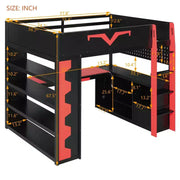 Cama tipo loft para juegos Luxystar Modern con escritorio iluminado, bandeja para teclado, tablero perforado y estantería de almacenamiento