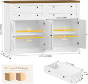 Aparador HOCSOK, mueble de cocina de 132,7 cm de ancho con 2 estantes ajustables, armario buffet con 4 cajones y 4 puertas, aparador de cocina para salón, cocina, recibidor, blanco y marrón