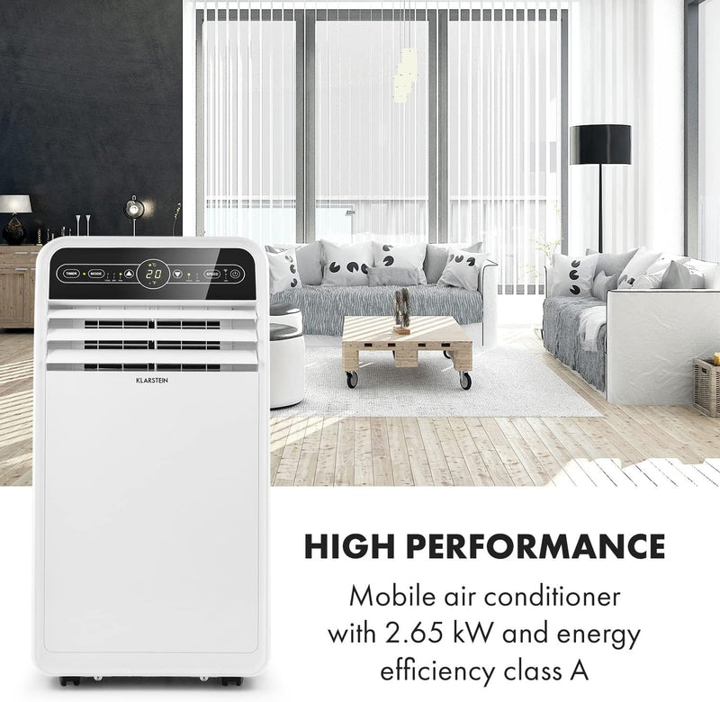 Aire acondicionado portátil Klarstein con manguera de escape, unidad 4 en 1 con ventilador, deshumidificador y modo nocturno, aire acondicionado pequeño y portátil para el hogar y la oficina, bajo consumo, 9000 BTU
