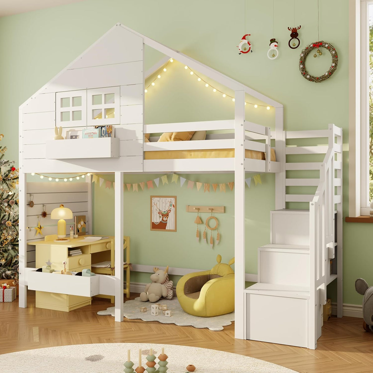 Litera, cama alta, cama infantil 90x200 cm con protección anticaídas y escalera con almacenamiento, cama juvenil, con ventana, madera maciza, blanco