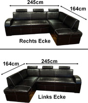Sofá esquinero de piel auténtica Antalya II 3 plazas 245 x 164 cm con función de cama, arcón y reposacabezas, sofá en esquina de cuero auténtico marrón antiguo 3000