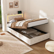 Cama tapizada de 90x200 cm con iluminación LED, USB y canapé hidráulico – Cama individual juvenil con almacenamiento, somier y cabecero, terciopelo beige, sin colchón (Beige-3, 90x200 cm)