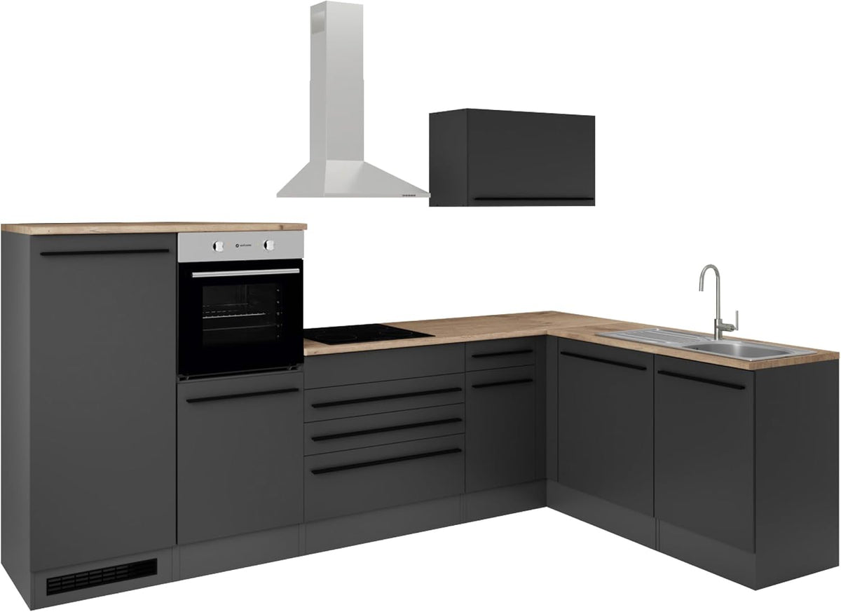 Cocina esquinera JAZZ 4 sin electrodomésticos en forma de L, negro mate y acabado roble Lanzelot