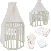 Cuna ovalada evolutiva Waldin, set completo 7 en 1, cuna de barrotes, cama infantil con colchón, cambiador, cuna colecho, madera blanca