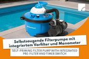 Sistema de filtración para piscinas Comfort 50 040200Y, bomba de filtrado autoaspirante de 6,6 m³/h para piscinas de hasta 33.000 l, con prefiltro y manómetro