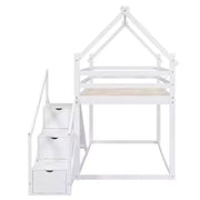 Literas tipo casita con tobogán y escaleras de almacenamiento, litera de madera individual sobre individual para niños con techo y escaleras para niñas y niños