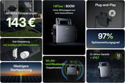 Solarway® Central Eléctrica para Balcón de 800W con módulos solares de 1000Wp – Kit completo con inversor Hoymiles HiFlow 800 – 2 paneles solares bifaciales Black de 500W – Mini sistema fotovoltaico para enchufe incl. accesorios