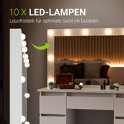 Tocador Juskys Lilia con espejo LED, 7 cajones, 3 niveles de iluminación, gran espacio de almacenamiento, diseño moderno, compacto y de fácil mantenimiento para el maquillaje - Blanco