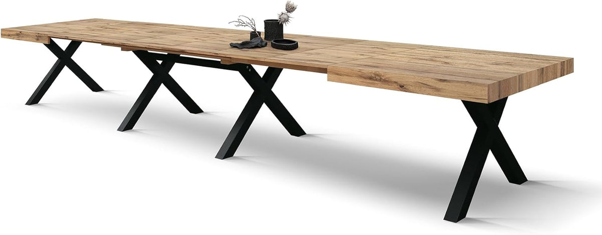 PAZZO DESIGN Mesa extensible Roberta, mesa de salón, mesa de cocina, roble rústico, patas negras en forma de X, de 180 a 480 cm, hecho en Italia - id_2005
