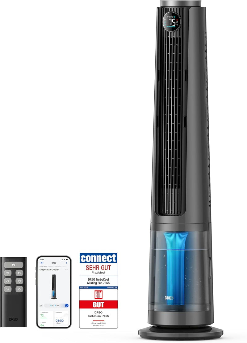 Ventilador nebulizador DREO TurboCool 765S, ventilador de torre 3 en 1 con ultrasonido, Wi-Fi y control por aplicación, depósito de 6 L, flujo de aire de 10,4 m/s, motor de CC silencioso de 20 dB, oscilación de 90°, 12 velocidades, 4 modos