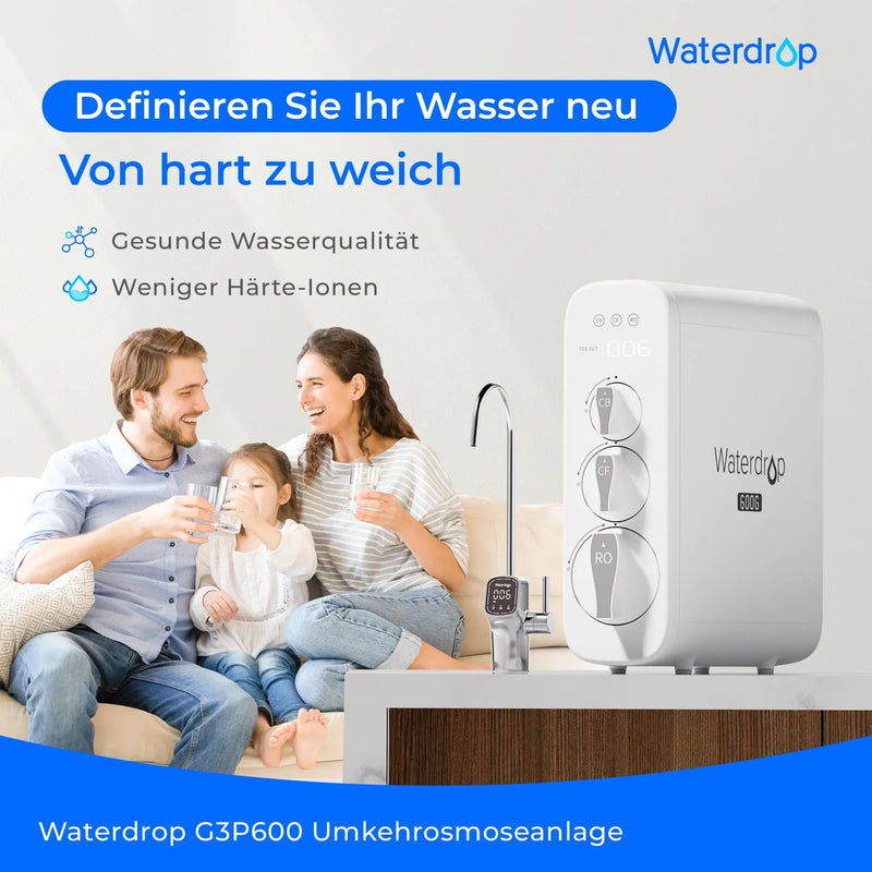 Sistema de ósmosis inversa Waterdrop G3P600, 600 GPD, grifo LED, NSF 42, 53, 58, 372, reducción de TDS, relación 2:1 de agua pura, descalcificado, sin tanque bajo el fregadero