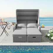 Sofá lounge de ratán sintético, sofá de jardín de dos plazas con función reclinable, tumbona de jardín con toldo extraíble, sofá lounge tipo cama de día con cojines, gris