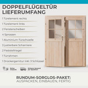 Puerta de madera de abeto nórdico para caseta de jardín, doble hoja, 141x177 cm | Cristal real, incluye juego de manillas y umbral de aluminio, puerta de jardín para cobertizo, puerta exterior de madera para taller