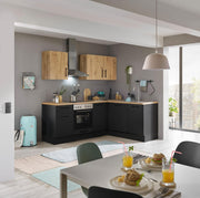 Cocina en L Turin 220 x 211 x 60 cm, negro - Sin electrodomésticos - Cocina moderna y espaciosa con aspecto de roble artesano y gran capacidad de almacenamiento