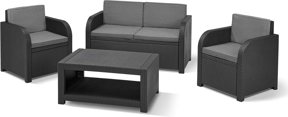 Conjunto de muebles de jardín de plástico Modena de Allibert by Keter, incl. cojines de asiento, gris, 4 piezas, 2 sillones, sofá y mesa, para jardín, balcón y terraza, aspecto de ratán plano