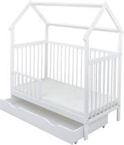 Set completo de cuna Baby Delux, cama casita de 60x120 cm, color blanco, con cajón, barrera anticaídas, colchón, ropa de cama y set de decoración (Prince Stars)
