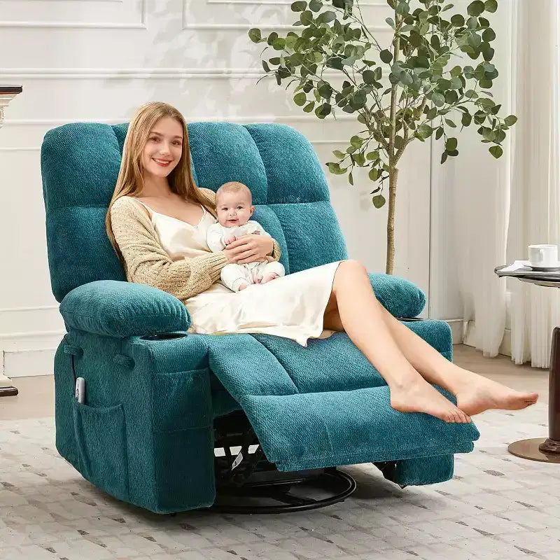 Sillón reclinable extragrande para adultos, sofá mecedor giratorio manual, bolsillos laterales y portavasos para personas altas y grandes, sala de estar