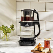 Máquina de té Karaca Caysever, acero, cromo 1700 W, libre de BPA, capacidad de tetera de cristal de 0,8 L, capacidad del depósito de agua de 1,5 L, preparación de agua