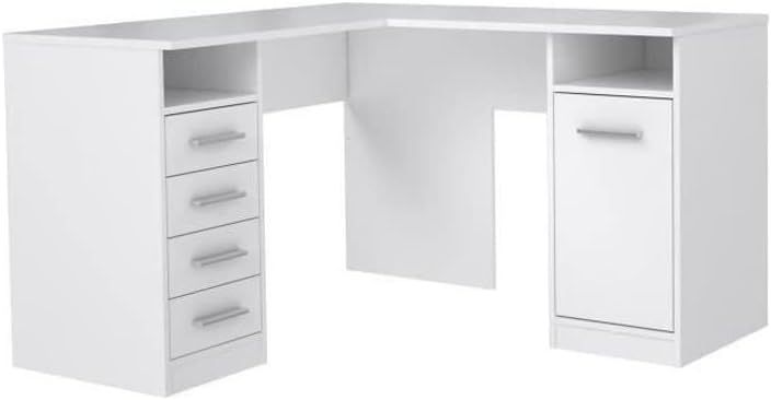 Escritorio esquinero Forte NET 106 de 120 x 130, escritorio con 4 cajones y 1 puerta, escritorio blanco, habitación juvenil, oficina en casa, oficina, madera reconstituida, blanco, 125 cm de ancho x 75 cm de alto x 125 cm de profundidad