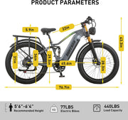 Motor doble 190/95 N.m E-Bike bicicletas eléctricas para hombre y mujer, Ebike con batería de 48V 20Ah hasta 120km, bicicleta eléctrica de 26x4 pulgadas con transmisión de 7 velocidades, pantalla LCD y suspensión completa.