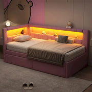 Cama con plataforma tapizada con puertos USB e iluminación LED - Base de cama matrimonial/individual con 2 cajones de almacenamiento - Dormitorio moderno