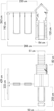 Torre de juegos WICKEY MultiFlyer con tejado de madera, columpio y tobogán verde pastel, torre de escalada para niños al aire libre con arenero, escalera y accesorios de juego para el jardín